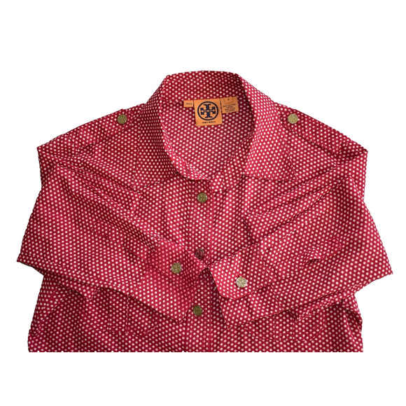 B0 Auth TORY BURCH Red Cotton Polka Dot Pattern Logo Buttons Blouse Top Size 8 - Picture 5 of 5